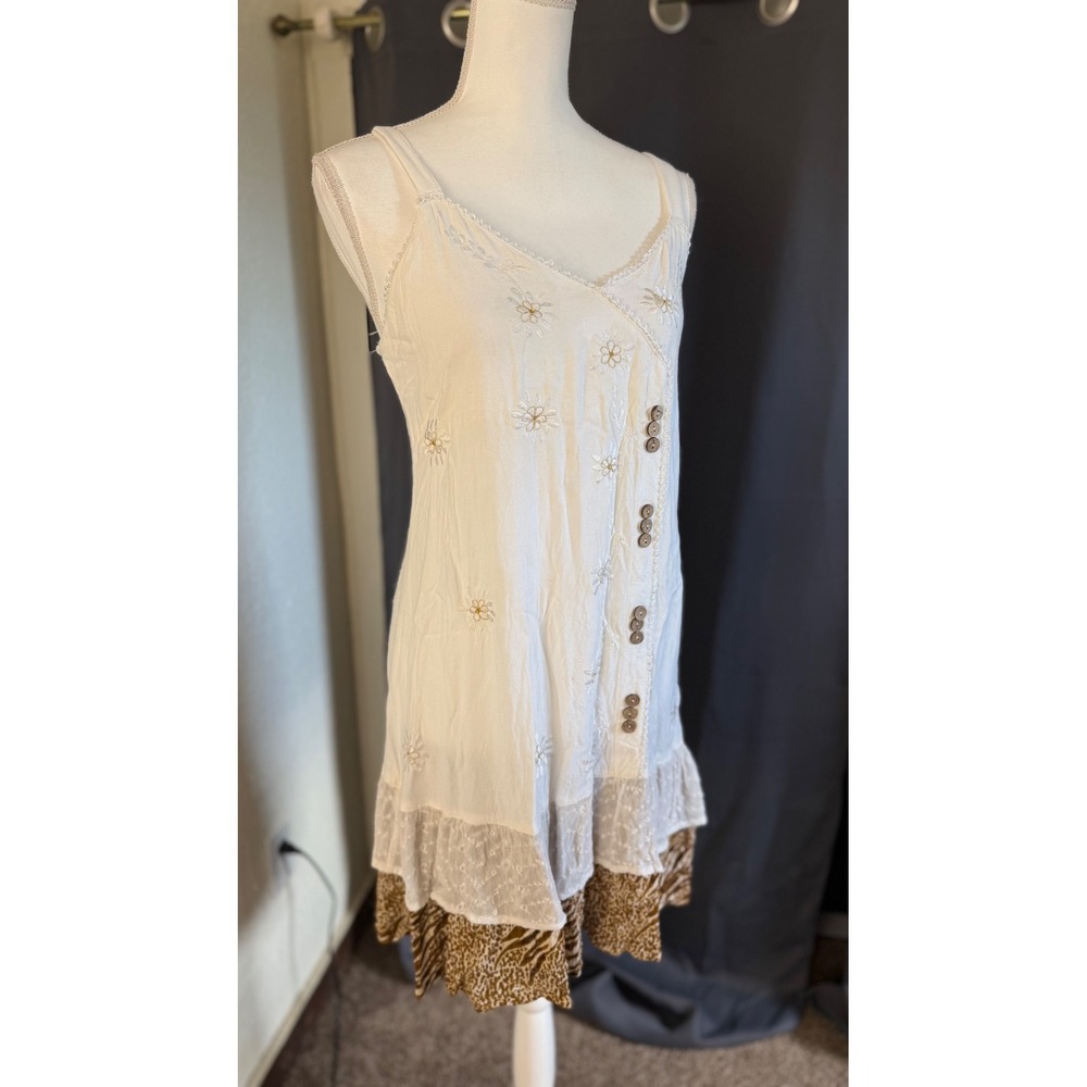 Raya Sun Womens Small White Boho Floral Embroidered Animal Print Mini Dress